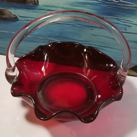 Vintage Ruby Red and crystal Glass Basket w/handl - Picture 5 of 8